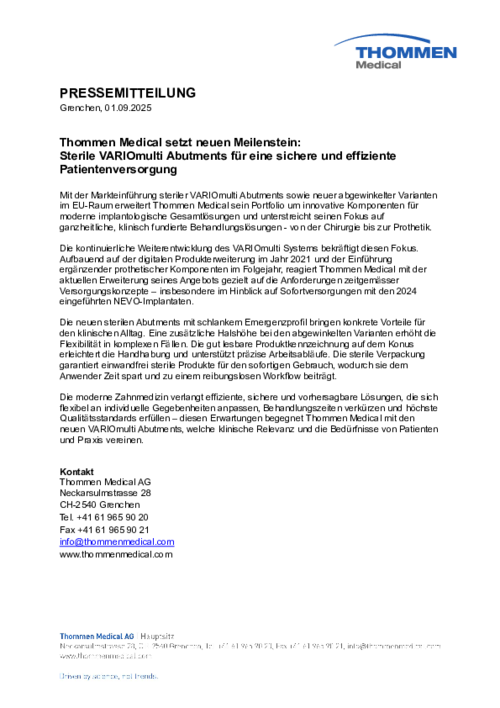 Pressemitteilung sterile VARIOmulti Abutments